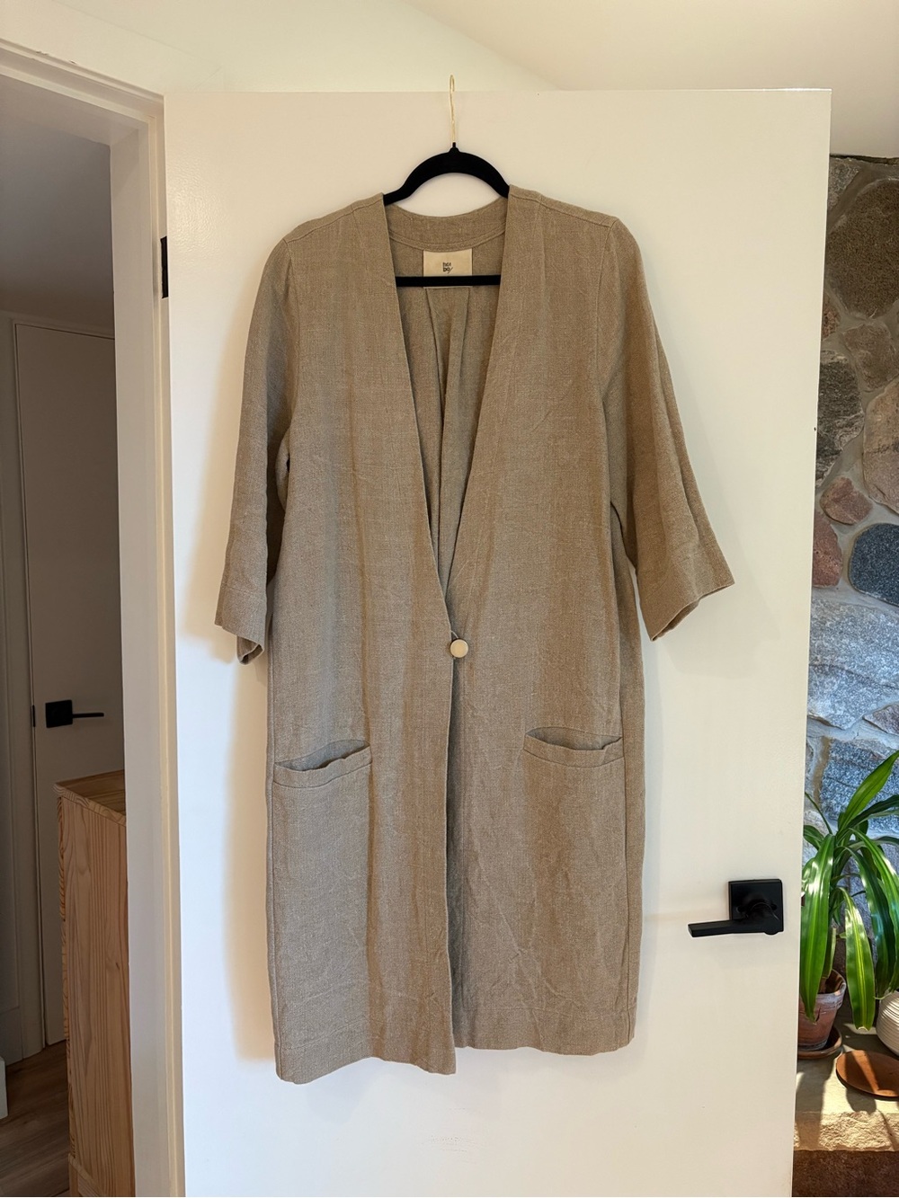 Hoi Bo Neutral Taupe Beige Heavy Linen Duster Jacket Coat Large